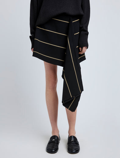 Proenza Schouler Detail image of model wearing Rae Skirt in Stripe Bi-Stretch Viscose in Black Multi