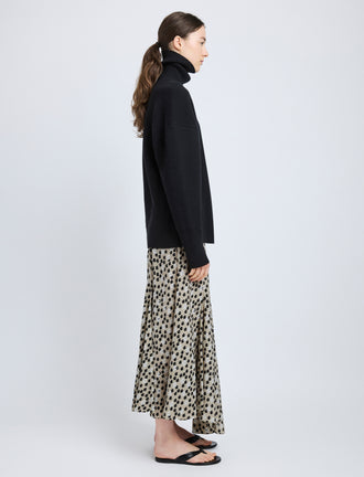 Proenza Schouler Side full length image of model wearing Joelle Skirt in Printed Silk Viscose in Sand Multi