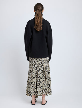 Proenza Schouler Back full length image of model wearing Joelle Skirt in Printed Silk Viscose in Sand Multi