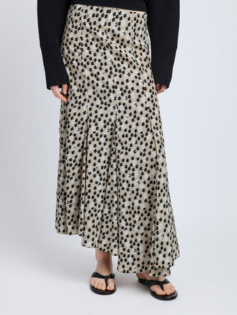 Proenza Schouler Detail image of model wearing Joelle Skirt in Printed Silk Viscose in Sand Multi