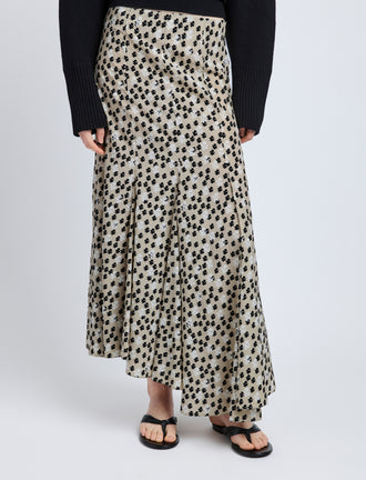 Proenza Schouler Detail image of model wearing Joelle Skirt in Printed Silk Viscose in Sand Multi