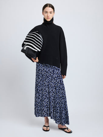 Proenza Schouler Front full length image of model wearing Joelle Skirt in Printed Silk Viscose in Navy Multi