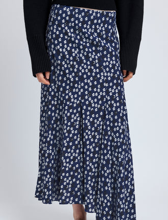 Proenza Schouler Detail image of model wearing Joelle Skirt in Printed Silk Viscose in Navy Multi