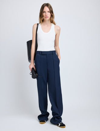 Proenza Schouler Front full length image of model wearing Weyes Pant in Technical Nylon Jacquard in Midnight