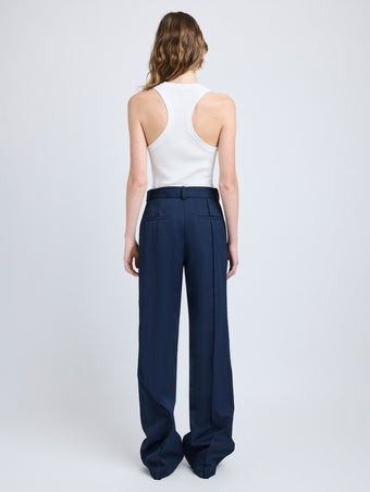 Proenza Schouler Back full length image of model wearing Weyes Pant in Technical Nylon Jacquard in Midnight