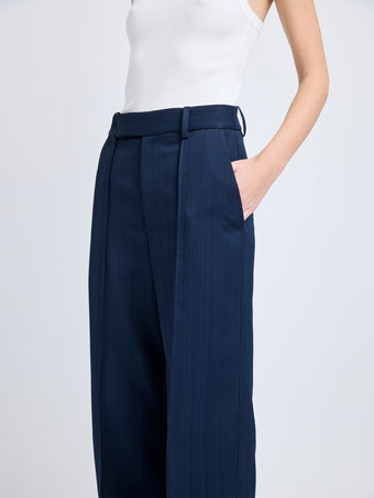 Proenza Schouler Detail image of model wearing Weyes Pant in Technical Nylon Jacquard in Midnight