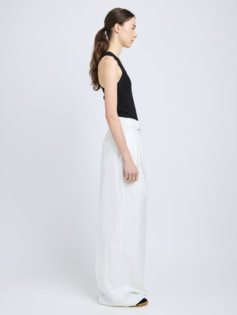 Proenza Schouler Side full length image of model wearing Jules Pant in Linen Viscose in Off White