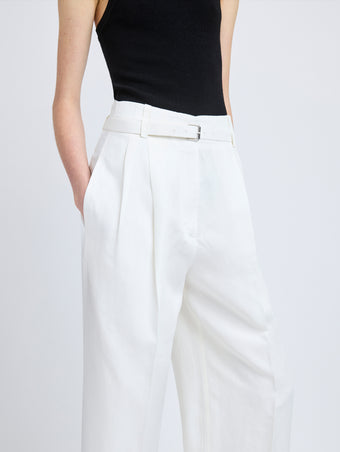 Proenza Schouler Detail image of model wearing Jules Pant in Linen Viscose in Off White