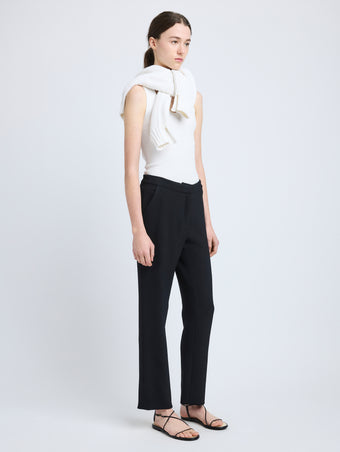 Proenza Schouler Side full length image of model wearing Alexia Pant in Bi-Stretch Suiting in Black