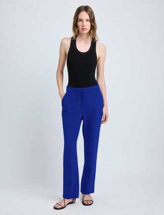 Proenza Schouler front image of model wearing Alexia Pant in Bi-Stretch Suiting in cobalt