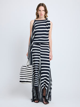 Proenza Schouler Front full length image of model wearing Yves Top in Stripe Fringed Knit in Navy Multi