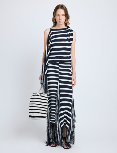 Proenza Schouler Front full length image of model wearing Yves Top in Stripe Fringed Knit in Navy Multi
