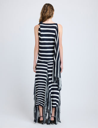 Proenza Schouler Back full length image of model wearing Yves Top in Stripe Fringed Knit in Navy Multi