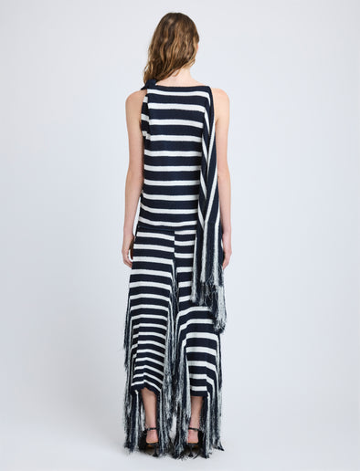 Proenza Schouler Back full length image of model wearing Yves Top in Stripe Fringed Knit in Navy Multi