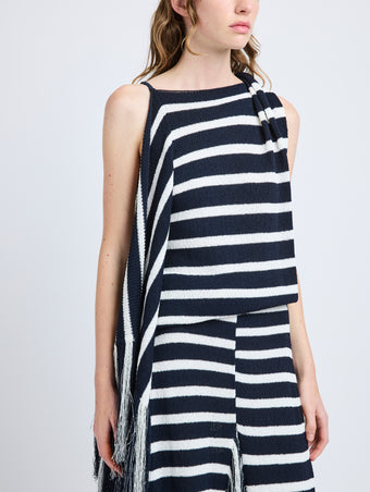 Proenza Schouler Detail image of model wearing Yves Top in Stripe Fringed Knit in Navy Multi