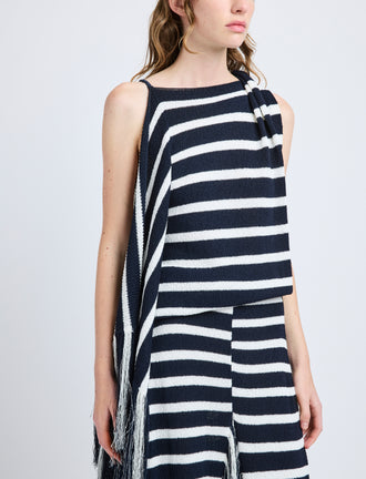 Proenza Schouler Detail image of model wearing Yves Top in Stripe Fringed Knit in Navy Multi