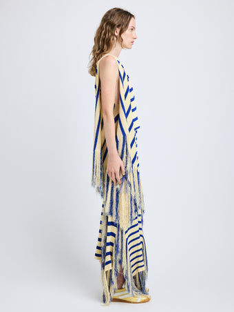 Proenza Schouler Side full length image of model wearing Yves Top in Stripe Fringed Knit in Pale Yellow Multi