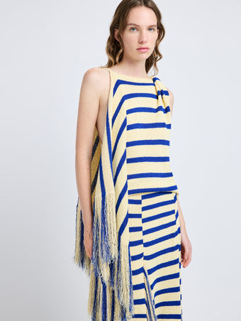Proenza Schouler Detail image of model wearing Yves Top in Stripe Fringed Knit in Pale Yellow Multi