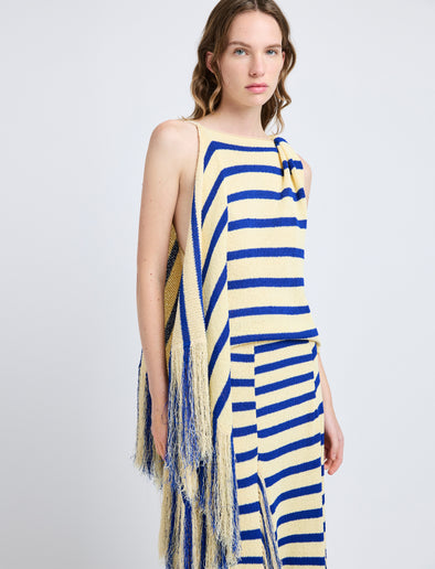 Proenza Schouler Detail image of model wearing Yves Top in Stripe Fringed Knit in Pale Yellow Multi