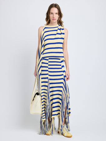 Proenza Schouler Front full length image of model wearing Yves Top in Stripe Fringed Knit in Pale Yellow Multi