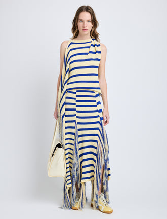Proenza Schouler Front full length image of model wearing Yves Top in Stripe Fringed Knit in Pale Yellow Multi