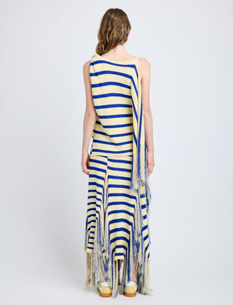 Proenza Schouler Back full length image of model wearing Yves Top in Stripe Fringed Knit in Pale Yellow Multi