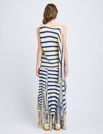 Proenza Schouler Back full length image of model wearing Yves Top in Stripe Fringed Knit in Pale Yellow Multi