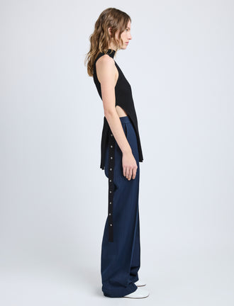 Proenza Schouler Side full length image of model wearing Rita Top in Rib Knit in Black