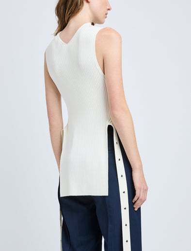 Proenza Schouler Detail image of model wearing Rita Top in Rib Knit in Off White