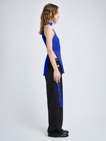 Proenza Schouler Side full length image of model wearing Rita Top in Rib Knit in Cobalt