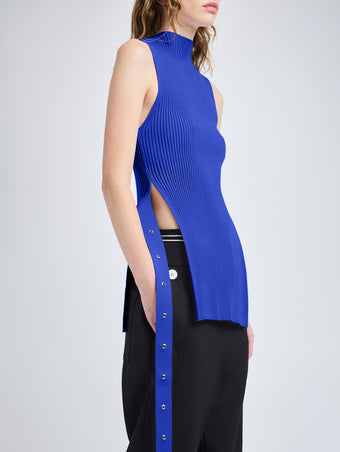 Proenza Schouler Detail image of model wearing Rita Top in Rib Knit in Cobalt