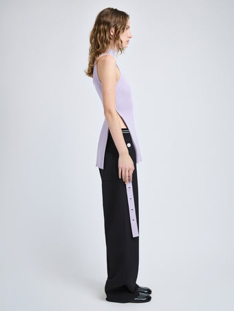 Proenza Schouler Side full length image of model wearing Rita Top in Rib Knit in Lilac