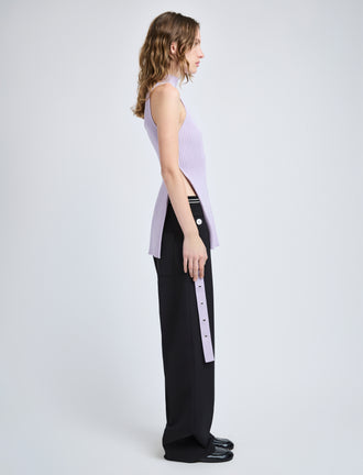 Proenza Schouler Side full length image of model wearing Rita Top in Rib Knit in Lilac