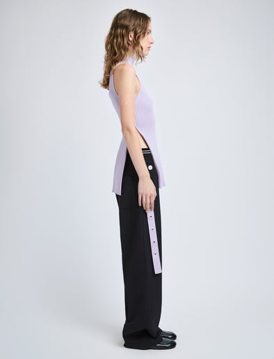 Proenza Schouler Side full length image of model wearing Rita Top in Rib Knit in Lilac