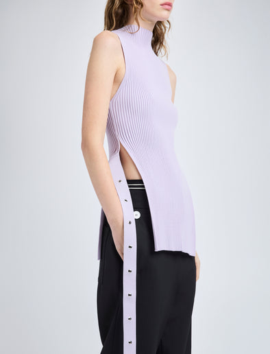 Proenza Schouler Detail image of model wearing Rita Top in Rib Knit in Lilac
