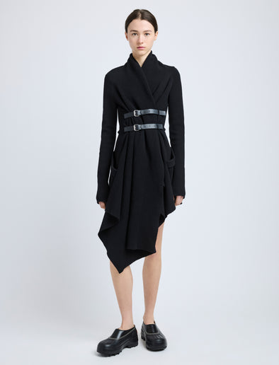 black wool knit dress Wool crew neck mid length dress
