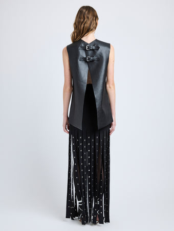 Proenza Schouler Back full length image of model wearing Effe Skirt in Compact Viscose Knit in Black