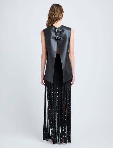 Proenza Schouler Back full length image of model wearing Effe Skirt in Compact Viscose Knit in Black
