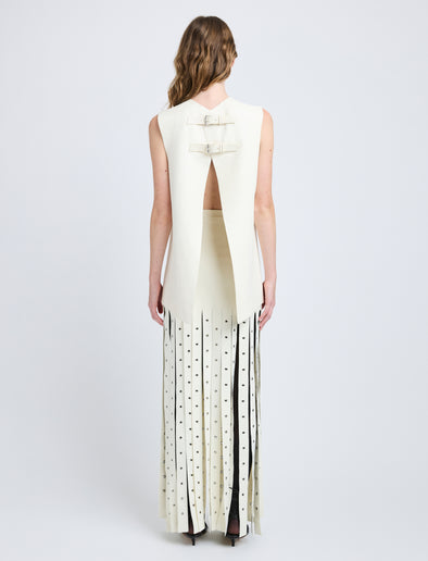 Proenza Schouler Back full length image of model wearing Effe Skirt in Compact Viscose Knit in Ivory