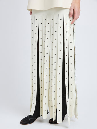 Proenza Schouler Detail image of model wearing Effe Skirt in Compact Viscose Knit in Ivory