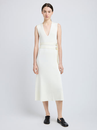 Proenza Schouler Front full length image of model wearing Madeline Dress in Rib Knit in Off White
