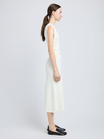 Proenza Schouler Side full length image of model wearing Madeline Dress in Rib Knit in Off White