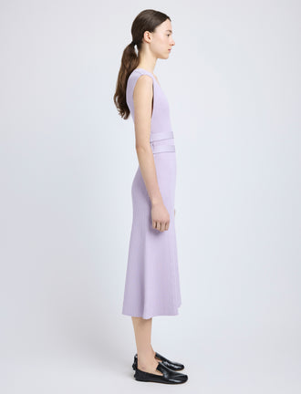 Proenza Schouler Side full length image of model wearing Madeline Dress in Rib Knit in Lilac