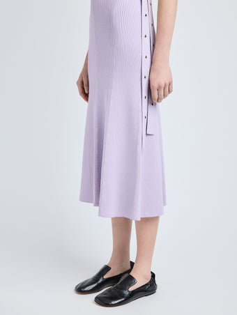 Proenza Schouler Detail image of model wearing Madeline Dress in Rib Knit in Lilac