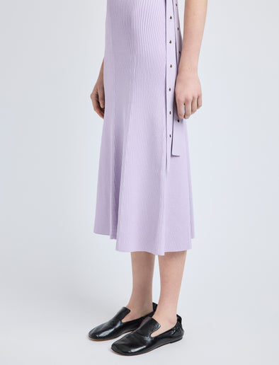 Proenza Schouler Detail image of model wearing Madeline Dress in Rib Knit in Lilac