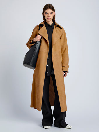 Proenza Schouler Front full length image of model wearing Ramona Coat in Suede in Pony