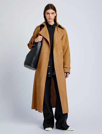 Proenza Schouler Front full length image of model wearing Ramona Coat in Suede in Pony
