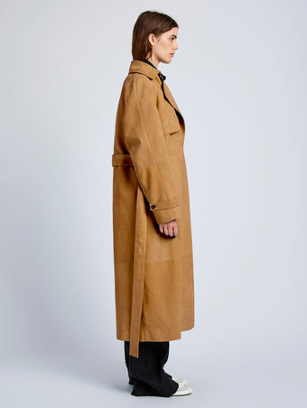 Proenza Schouler Side full length image of model wearing Ramona Coat in Suede in Pony
