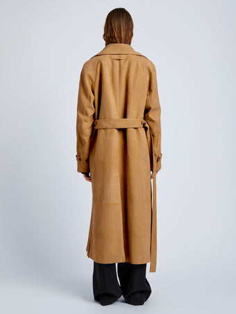 Proenza Schouler Back full length image of model wearing Ramona Coat in Suede in Pony