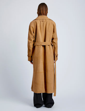 Proenza Schouler Back full length image of model wearing Ramona Coat in Suede in Pony